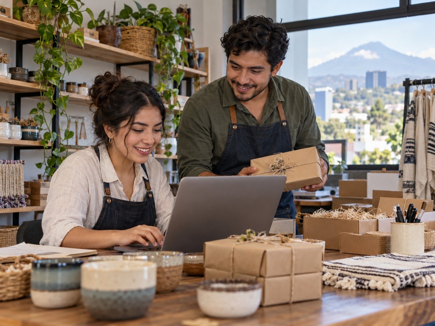 Emprendedores revisando pedidos de su marca local mientras preparan productos