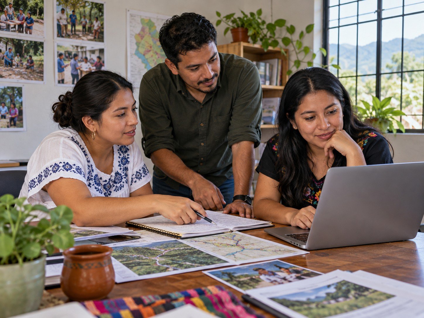Equipo de una ONG revisando información de sus programas en una oficina comunitaria