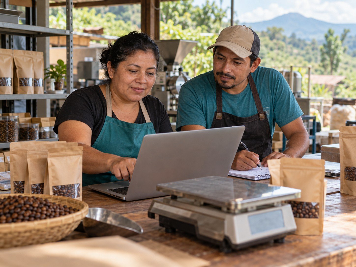 Equipo de una pequeña empresa agroproductiva revisando pedidos e inventario